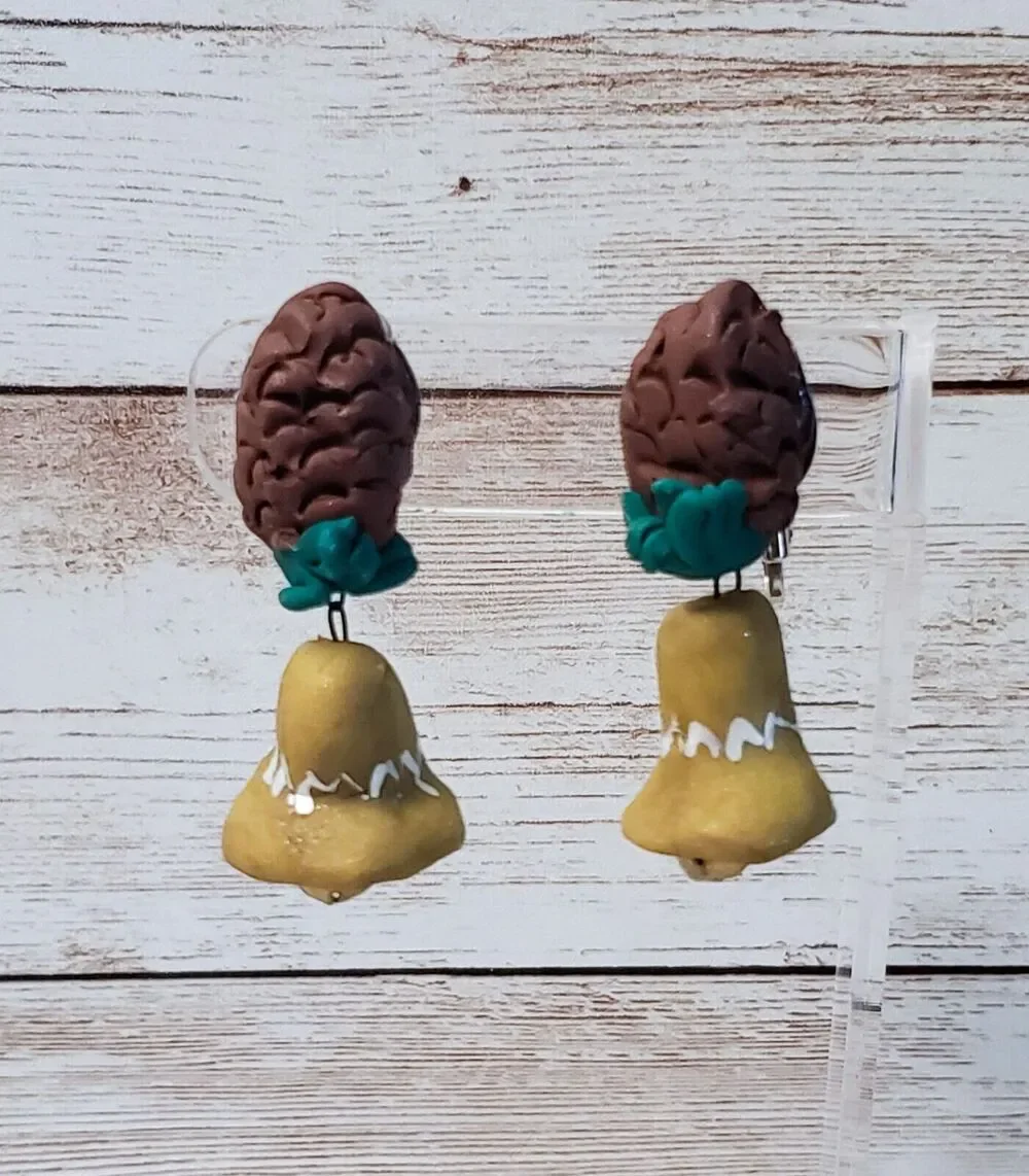 Vintage Clip On Earrings - Very Unusual Bell Dangle Green & Brown